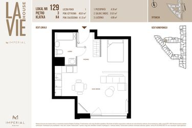 Rzut - Mieszkanie na sprzedaż 1 pokój o powierzchni 40,61 m² - numer 129 w La Vie House