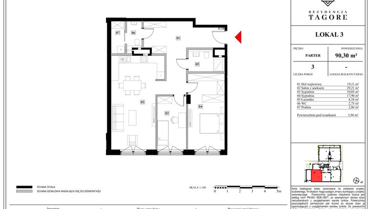 Rzut - Mieszkanie na sprzedaż 3 pokoje o powierzchni 90,3 m² - numer A.0.3 w Rezydencja Tagore