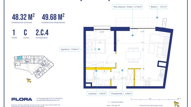 Rzut - Mieszkanie na sprzedaż 2 pokoje o powierzchni 48,32 m² - numer 2C4 w Piotra 4