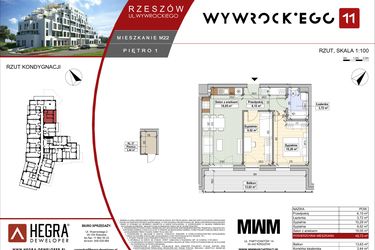Rzut - Mieszkanie na sprzedaż 3 pokoje o powierzchni 48,73 m² - numer M22 w Apartamenty Wywrockiego 11