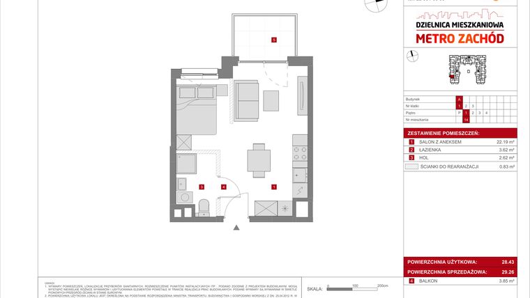 Rzut - Mieszkanie na sprzedaż 1 pokój o powierzchni 29,26 m² - numer A.14 w Dzielnica Mieszkaniowa Metro Zachód - etap 8.1