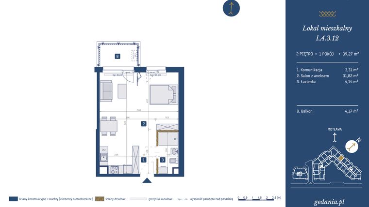 Rzut - Mieszkanie na sprzedaż 1 pokój o powierzchni 39,27 m² - numer I.A.3.12 w GEDANIA Riverside Living