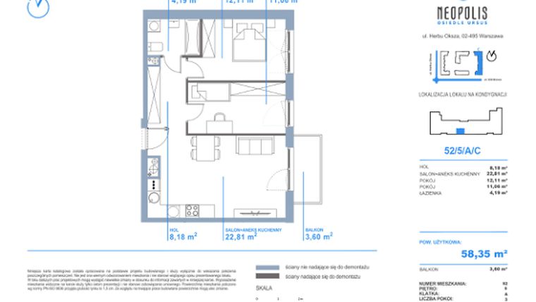 Rzut - Mieszkanie na sprzedaż 3 pokoje o powierzchni 58,35 m² - numer C.52 w Neopolis III