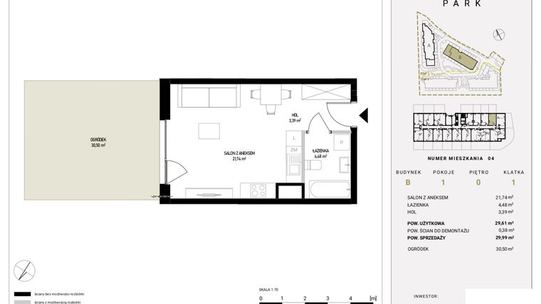 Rzut - Mieszkanie na sprzedaż 1 pokój o powierzchni 29,99 m² - numer B1.4 w Witosa Park
