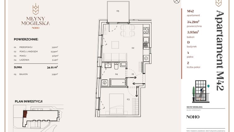 Rzut - Mieszkanie na sprzedaż 2 pokoje o powierzchni 34,98 m² - numer D.42 w Młyny Mogilska