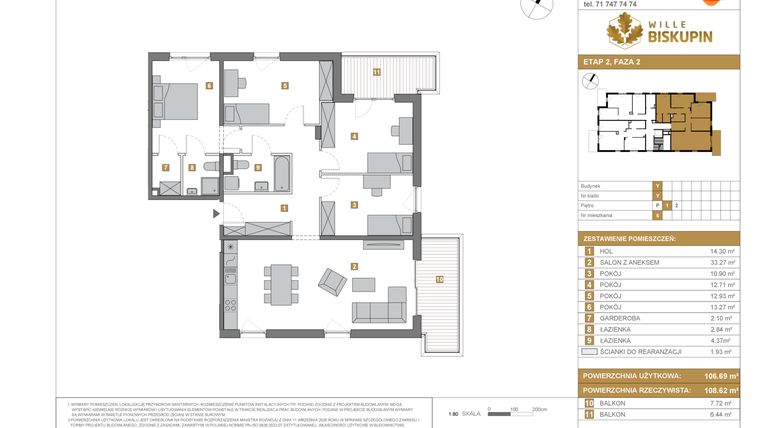 Rzut - Mieszkanie na sprzedaż 5 pokoi o powierzchni 106,69 m² - numer Y/6 w Wille Biskupin Etap 2.2