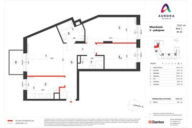 Rzut - Mieszkanie na sprzedaż 3 pokoje o powierzchni 73,67 m² - numer L-23 w Osiedle Aurora - bud. L