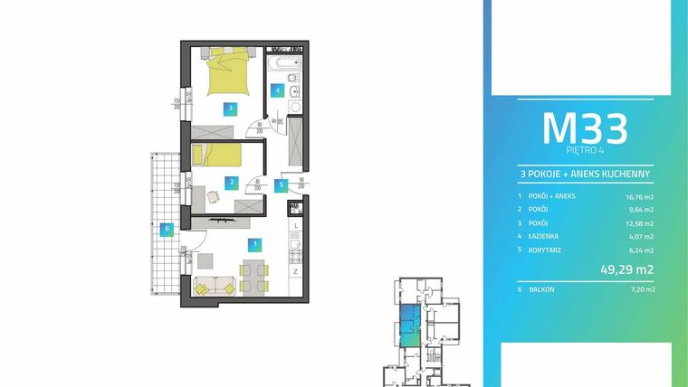 Rzut - Mieszkanie na sprzedaż 3 pokoje o powierzchni 49,42 m² - numer M33 w Mi9