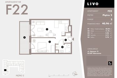 Rzut - Mieszkanie na sprzedaż 2 pokoje o powierzchni 40,99 m² - numer F22 w Livo