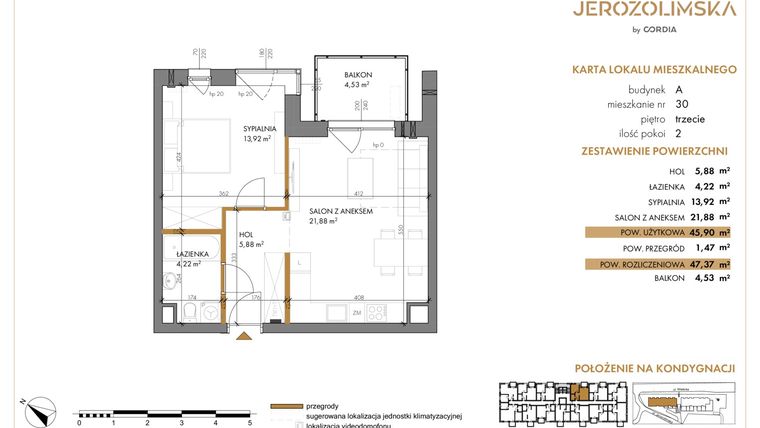 Rzut - Mieszkanie na sprzedaż 2 pokoje o powierzchni 47,17 m² - numer A-30 w Jerozolimska