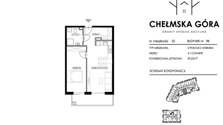 Rzut - Mieszkanie na sprzedaż 2 pokoje o powierzchni 49,22 m² - numer C-9B-M23 w Chełmska Góra