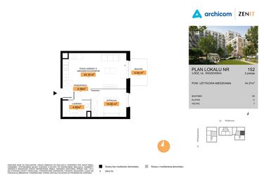 Rzut - Mieszkanie na sprzedaż 2 pokoje o powierzchni 44,27 m² - numer 3D.152 w Zenit III