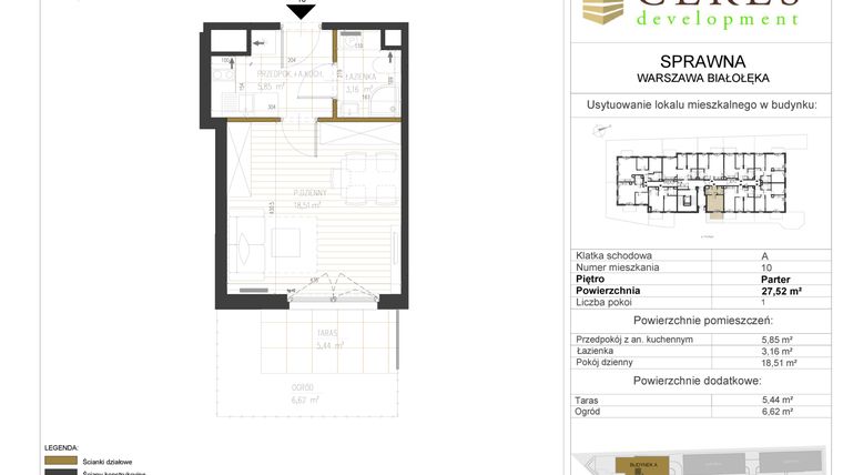 Rzut - Mieszkanie na sprzedaż 1 pokój o powierzchni 27,52 m² - numer A10 w Osiedle Sprawna