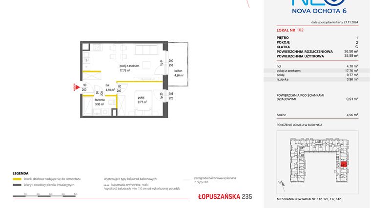 Rzut - Mieszkanie na sprzedaż 2 pokoje o powierzchni 36,49 m² - numer 102 w Neo Nova Ochota 6