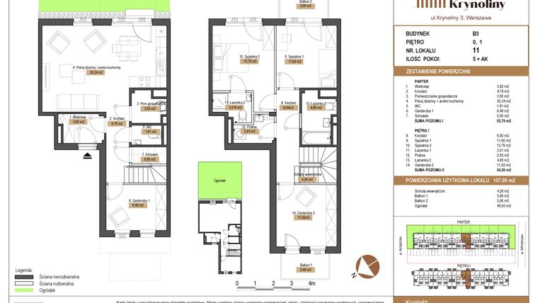 Rzut - Mieszkanie na sprzedaż 5 pokoi o powierzchni 107,09 m² - numer 11.B3 w Apartamenty Krynoliny