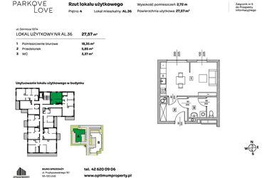 Rzut - Mieszkanie na sprzedaż 1 pokój o powierzchni 27,57 m² - numer AL.36 w Parkove Love - apartamenty inwestycyjne