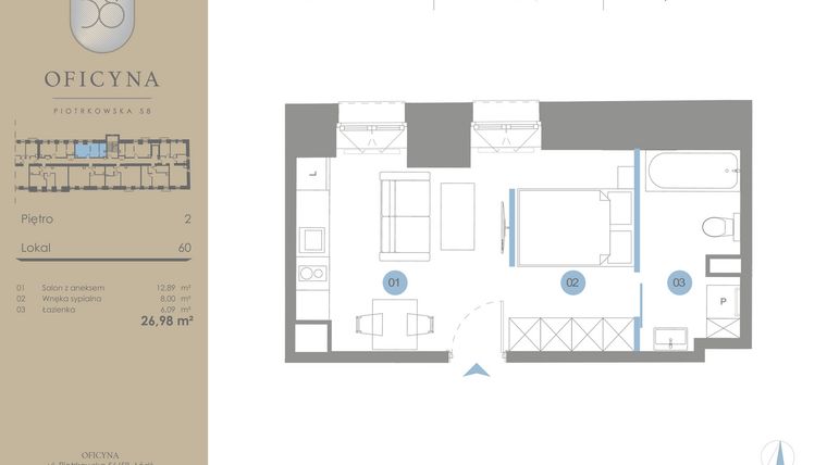 Rzut - Mieszkanie na sprzedaż 1 pokój o powierzchni 26,98 m² - numer 60 w Oficyna - mieszkania