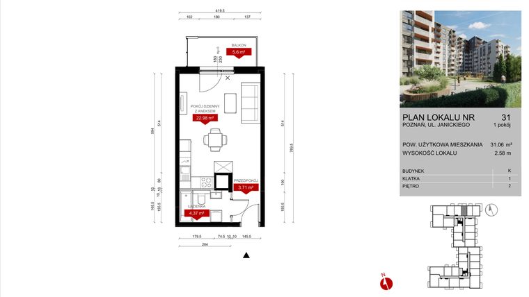 Rzut - Mieszkanie na sprzedaż 1 pokój o powierzchni 31,15 m² - numer K.31 w Wieża Jeżyce etap V
