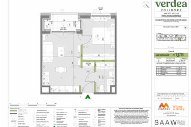 Rzut - Mieszkanie na sprzedaż 2 pokoje o powierzchni 34,93 m² - numer F1.B.04.03 w Verdea Żoliborz
