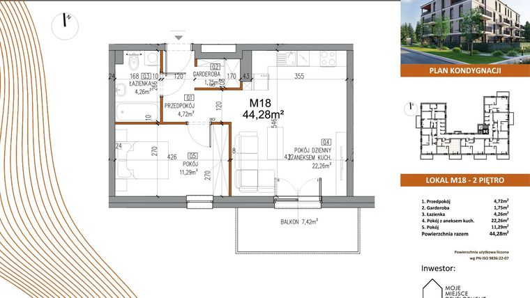 Rzut - Mieszkanie na sprzedaż 2 pokoje o powierzchni 44,28 m² - numer M18 w Villa Terra