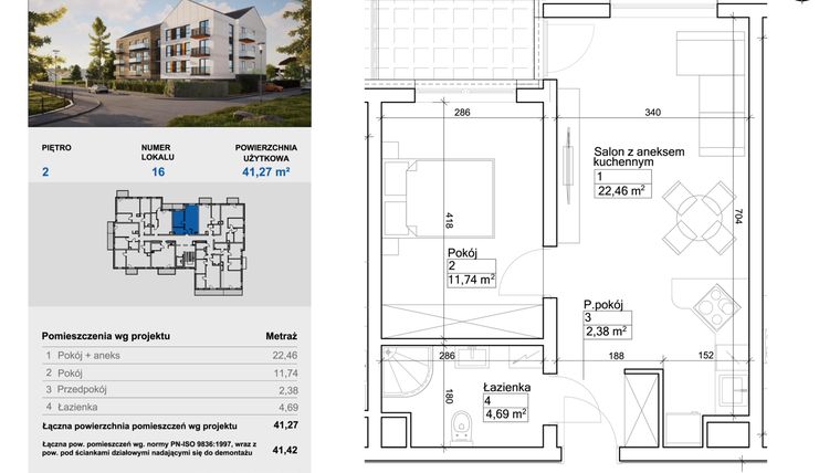 Rzut - Mieszkanie na sprzedaż 2 pokoje o powierzchni 41,27 m² - numer 16 w Balantia