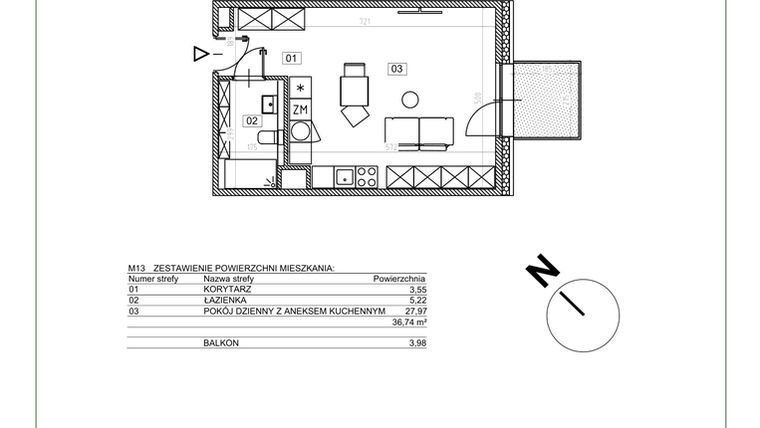 Rzut - Mieszkanie na sprzedaż 1 pokój o powierzchni 36,74 m² - numer J.M13 w Osiedle Glivia Zachodnia