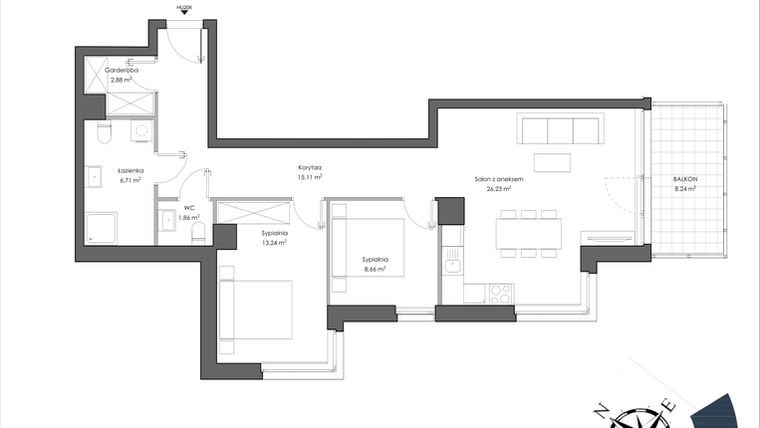 Rzut - Mieszkanie na sprzedaż 3 pokoje o powierzchni 76,06 m² - numer H.206 w Nautica Resort etap III
