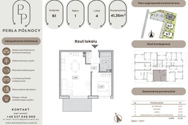 Rzut - Mieszkanie na sprzedaż 2 pokoje o powierzchni 41,36 m² - numer B1.1_4 w Perła Północy etap 2