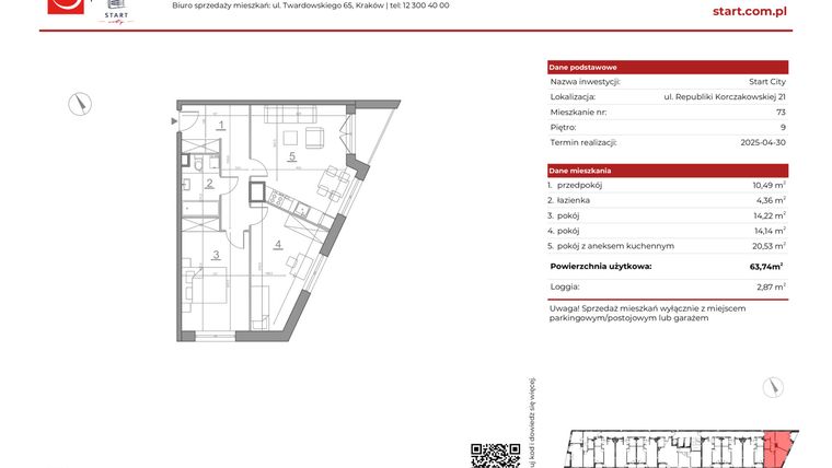 Rzut - Mieszkanie na sprzedaż 3 pokoje o powierzchni 63,74 m² - numer 21/73 w Start City etap IV
