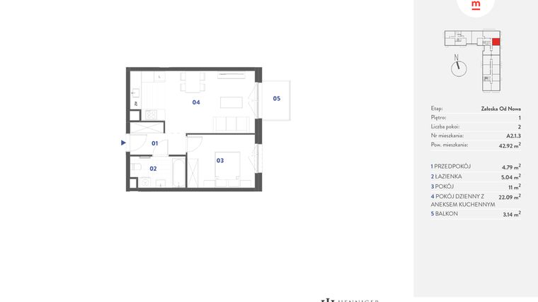 Rzut - Mieszkanie na sprzedaż 2 pokoje o powierzchni 42,92 m² - numer A2.1.3 w Mieszkaj w mieście Załęska od Nowa