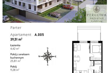 Rzut - Mieszkanie na sprzedaż 2 pokoje o powierzchni 39,51 m² - numer A.005 w Perłowa Przystań - Kołobrzeg - etap II