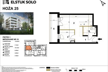 Rzut - Mieszkanie na sprzedaż 2 pokoje o powierzchni 33,82 m² - numer 10 w Hoża 25