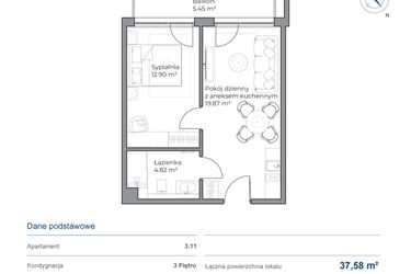 Rzut - Mieszkanie na sprzedaż 2 pokoje o powierzchni 37,58 m² - numer B.3.11 w Anchoria Holiday