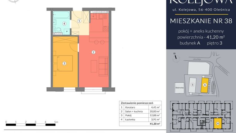 Rzut - Mieszkanie na sprzedaż 2 pokoje o powierzchni 41,2 m² - numer A.38 w Osiedle Kolejowa