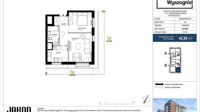 Rzut - Mieszkanie na sprzedaż 1 pokój o powierzchni 42,99 m² - numer C3.B32 w Nowy Wyszogród etap III