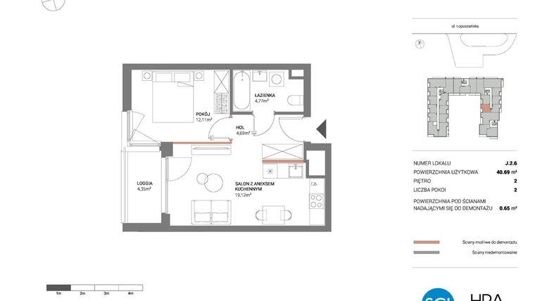 Rzut - Mieszkanie na sprzedaż 2 pokoje o powierzchni 40,69 m² - numer J.2.6 w Łopuszańska 47 - etap 3