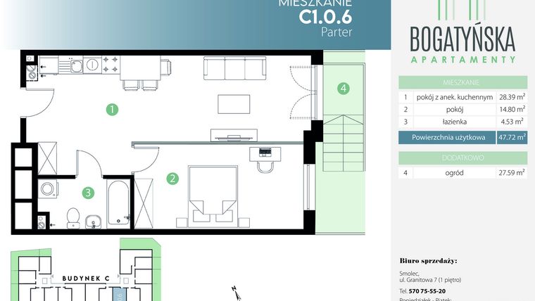 Rzut - Mieszkanie na sprzedaż 2 pokoje o powierzchni 47,72 m² - numer C1.0.6 w Bogatyńska Apartamenty etap 3