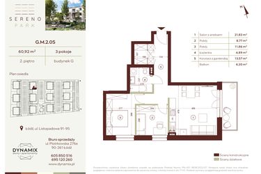 Rzut - Mieszkanie na sprzedaż 3 pokoje o powierzchni 60,92 m² - numer G.M.2.05 w Sereno Park