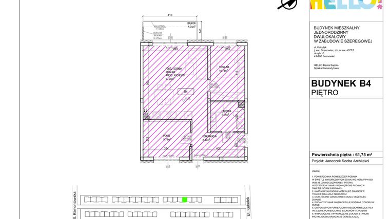 Rzut - Mieszkanie na sprzedaż 3 pokoje o powierzchni 61,75 m² - numer B4.2 w HELLO! KUKUŁKI bud. B