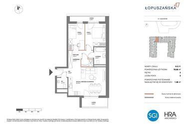 Rzut - Mieszkanie na sprzedaż 3 pokoje o powierzchni 70,05 m² - numer H.2.11 w Łopuszańska 47 - etap 3