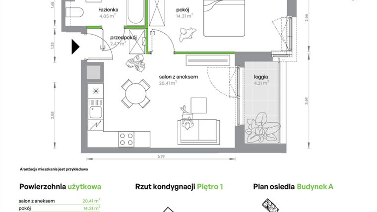 Rzut - Mieszkanie na sprzedaż 2 pokoje o powierzchni 42,04 m² - numer AC0101/4 w M Bemowo