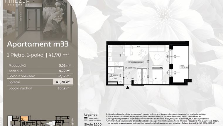 Rzut - Mieszkanie na sprzedaż 1 pokój o powierzchni 41,9 m² - numer M33 w Finezja Targowa 49
