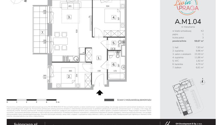 Rzut - Mieszkanie na sprzedaż 3 pokoje o powierzchni 59,67 m² - numer A.M1.04 w Livin' Praga