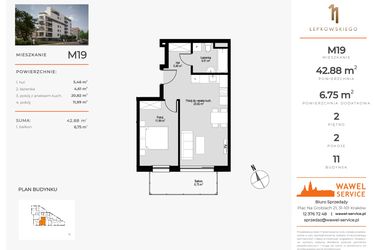 Rzut - Mieszkanie na sprzedaż 2 pokoje o powierzchni 42,88 m² - numer M19 w Łepkowskiego 11