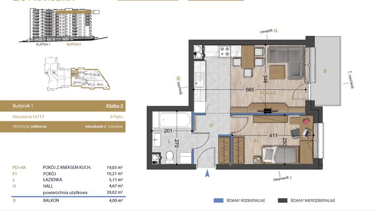 Rzut - Mieszkanie na sprzedaż 2 pokoje o powierzchni 39,02 m² - numer 117 w Osiedle Dakar Karolina