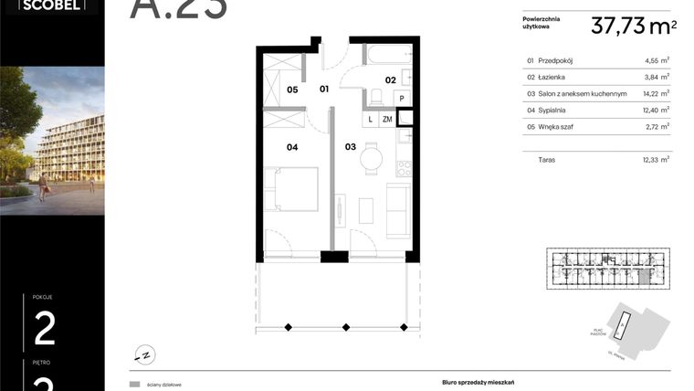 Rzut - Mieszkanie na sprzedaż 2 pokoje o powierzchni 37,73 m² - numer A.23 w Browar HUGO SCOBEL