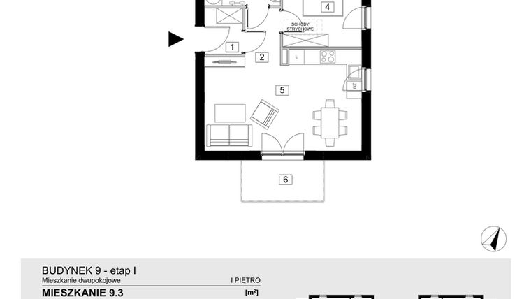 Rzut - Mieszkanie na sprzedaż 2 pokoje o powierzchni 43,55 m² - numer 9.3 w Jasieny