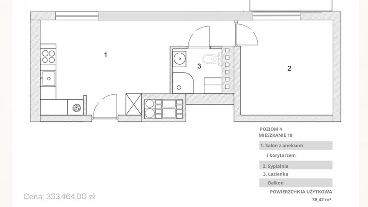 Rzut - Mieszkanie na sprzedaż 2 pokoje o powierzchni 38,42 m² - numer M18 w Apartamenty Zbożowa