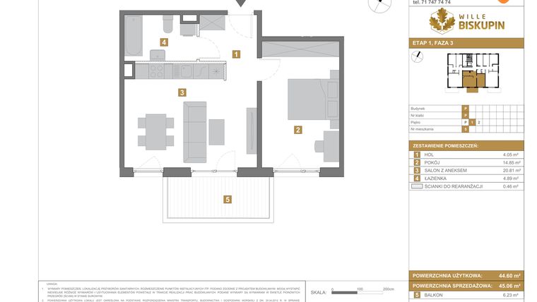 Rzut - Mieszkanie na sprzedaż 2 pokoje o powierzchni 45,06 m² - numer P5 w Wille Biskupin III