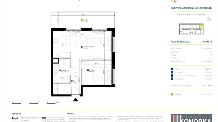 Rzut - Mieszkanie na sprzedaż 2 pokoje o powierzchni 44,33 m² - numer AA0111 w Vivre